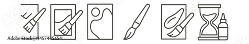 Line style icons of paint layering stages: gesso base icon, first tone layer, color blocking zone, mid-layer blend, detail pass brush, final polish stroke, drying time hourglass, top coat varnish.