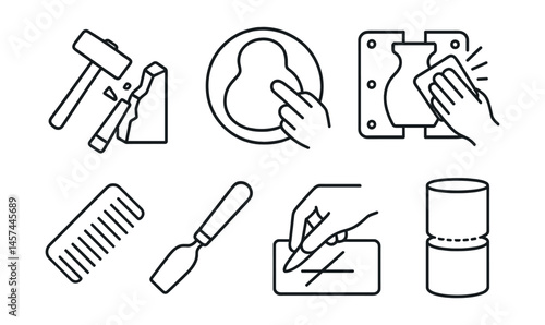 Line style icons of sculpture techniques: subtractive carving icon, additive modeling badge, casting mold icon, polishing pad, texturing comb, hollowing tool, score and slip gesture, joining seam.
