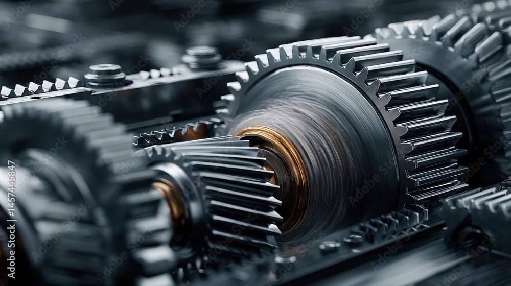 Fototapeta premium Dynamic machine with rotating gears and mechanisms in motion, illustrating industrial power and precision engineering