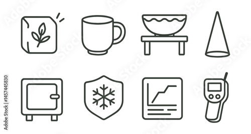 Line style icons of ceramic firing stages: bone dry clay symbol, bisque-fired item, glaze kiln shelf, cone temperature marker, kiln door icon, cooling zone badge, firing schedule chart, pyrometer
