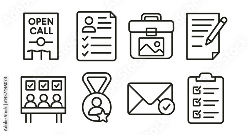 Line style icons of artist residency selection process: open call flyer, application form, portfolio icon, statement of intent page, jury panel board, selected artist badge, notification envelope,