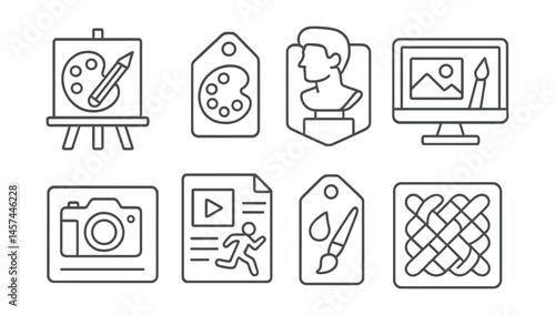 Line style icons of learning formats and media: drawing course icon, painting module tag, sculpture class badge, digital art lesson, photography basics card, animation project sheet, mixed media tag,