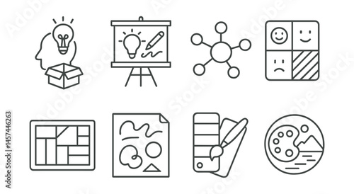 Line style icons of creativity-based learning: “think outside the box” icon, idea sketch board, concept web lines, color emotion card, moodboard project, spontaneous sketch page, experimental tool