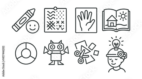 Line style icons of youth art workshops: crayon and smile icon, fun texture board, kid’s handprint project, storybook drawing task, simple color wheel, shape creature prompt, cut-and-paste project,