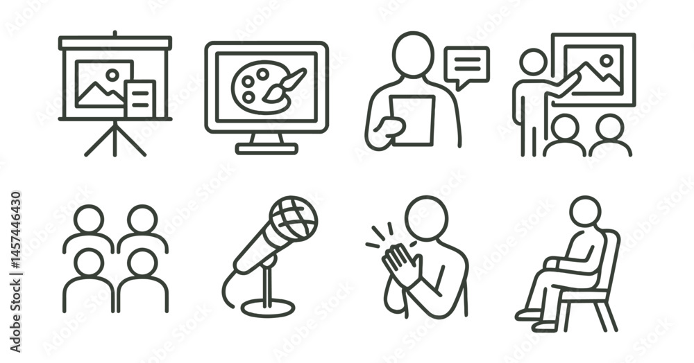 Line style icons of artist talks and presentations: slideshow setup, portfolio screen icon, artist statement speech, exhibit walkthrough, seated audience row, Q&A session mic, post-talk applause, Line style icons of artist talks and presentations: slideshow setup, portfolio screen icon, artist statement speech, exhibit walkthrough, seated audience row, Q&A session mic, post-talk applause,