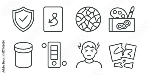 Line style icons of trauma-informed art sessions: safe boundaries badge, non-directive prompt card, grounding texture object, sensory tool box, containment symbol, calm colors guide, trauma response