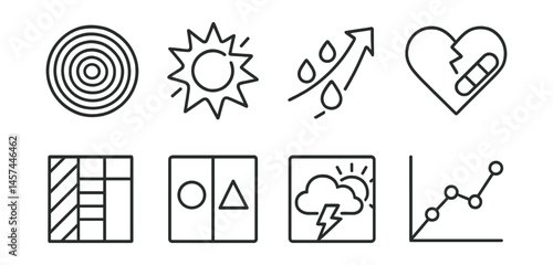 Line style icons of creative growth and healing: growth ring drawing, breakthrough splash, emotional release arrow, healing heart icon, color transformation strip, “then and now” panel, light after