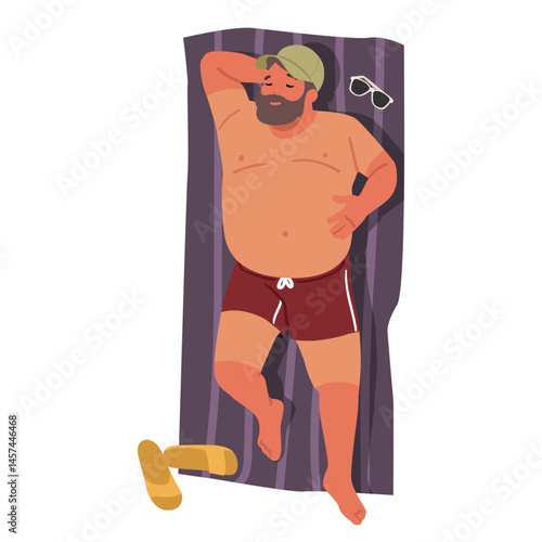 Relaxed couple tourists cartoon characters sunbathing on beach during summer vacation time