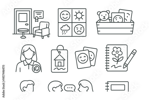 Line style icons of art therapy in schools: school counselor room, feelings board with drawings, calm corner crate, emotion cards set, teacher + art guide badge, draw break pass, peer sketch talk,