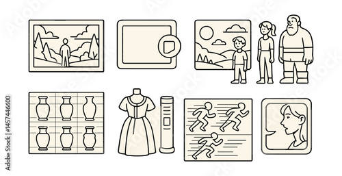 Line style icons of visual storytelling reference: scene composition reference, narrative panel tag, environment lighting study, character lineup sketch, prop rotation board, costume history archive,