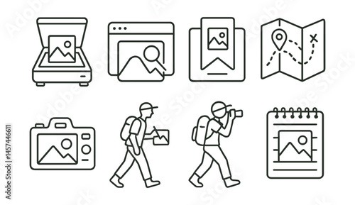 Line style icons of creative image hunting: library photo scanner, online image search tab, “save for later” symbol, visual hunting map, found object shot, artist walk sketch, photography field trip