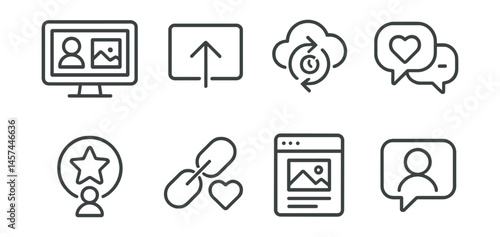 Line style icons of audience and sharing: portfolio page screen, post to social icon, time-lapse upload, likes and comments bubble, follower star badge, support me link, art platform feed, message