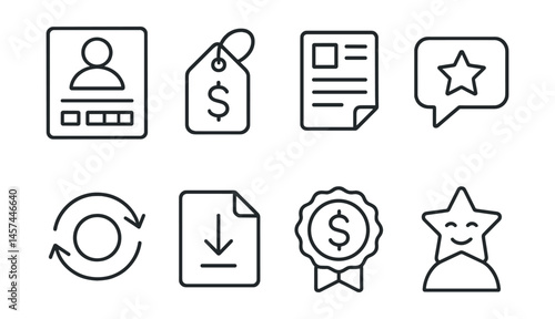 Line style icons of commission and freelance work: commission sheet icon, pricing tag, client brief form, feedback note bubble, revision arrows, delivery file icon, payment received badge, satisfied