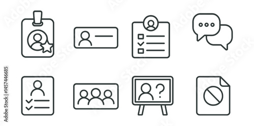 Line style icons of club organization: club organizer badge, member nameplate, signup form, group chat icon, attendance list sheet, group roles card, moderator question board, club rules symbol.
