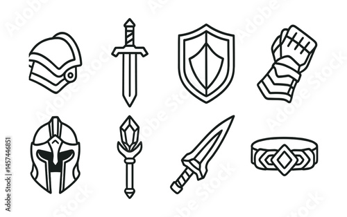 Line style icons of cosplay armor and props: shoulder armor pad, sword prop with handle, shield panel, gauntlet design icon, helmet frame, staff with crystal, energy blade outline, fantasy belt