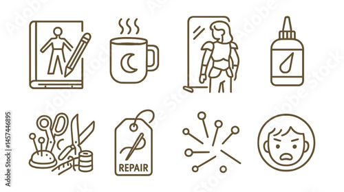 Line style icons of cosplay behind-the-scenes: sketch to pattern sheet, late-night sewing cup, mess of tools icon, costume fitting mirror, last-minute glue bottle, costume repair tag, sewing pin
