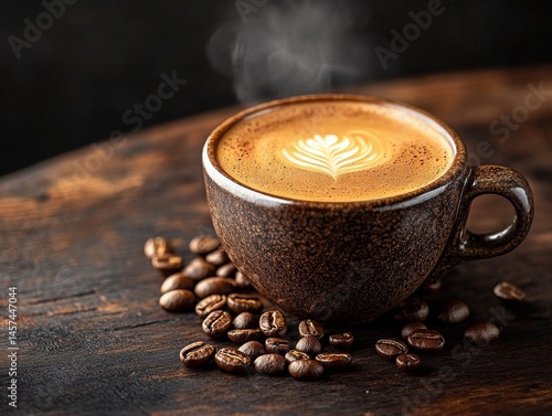 steaming cup of black coffee with crema, placed on a dark wooden table with scattered coffee beans, moody lighting, cinematic composition, warm and inviting -