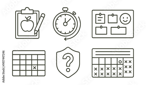 Line style icons of sketch challenges and prompts: “draw this” sheet, challenge countdown, inspiration wheel icon, community sketch tag, weeklong prompt board, mystery shape badge, timed challenge