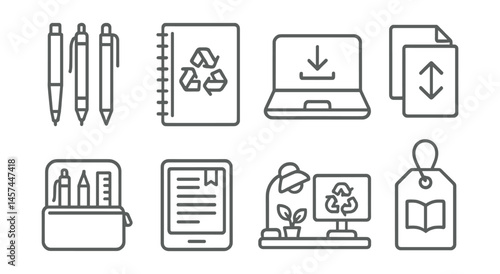 Line style icons of zero-waste study setup: refillable pens, recycled notebook, paper-saving laptop mode, double-sided print icon, pencil case with reusables, e-book instead of print, eco desk setup,