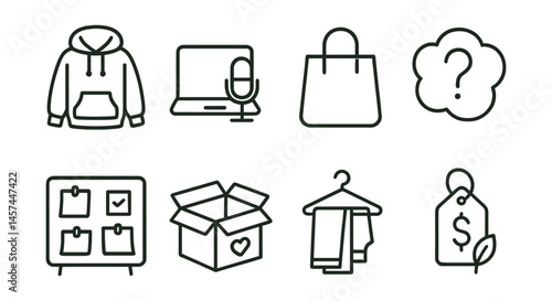 Line style icons of mindful consumption: thrifted hoodie icon, secondhand electronics, minimal shopping bag, “do I need this?” badge, borrow-before-buy board, declutter and donate box, capsule
