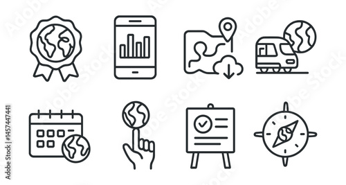 Line style icons of climate-conscious choices: eco badge with Earth, “my impact” tracker, low-emission route planner, slow travel icon, carbon awareness calendar, earth first emoji, choices matter
