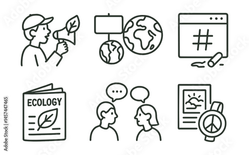 Line style icons of advocacy and climate awareness: student with megaphone leaf, Earth and protest sign, social post with hashtag, climate facts page, student zine about ecology, peer-to-peer talk