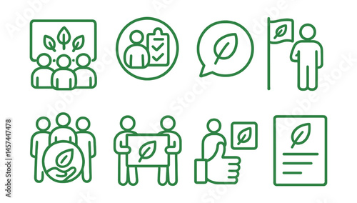 Line style icons of community and peer action: group green challenge board, roommate checklist badge, share your eco tip bubble, student eco-ambassador, join local initiative icon, poster team with