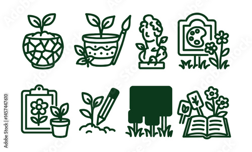 Line style icons of green and art combinations: mosaic planter design, painted pot icon, sculpture with vines, art garden sign, chalkboard planter labels, DIY plant markers, drawing and planting