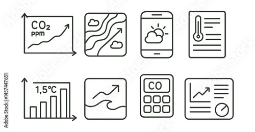 Line style icons of climate data and tools: CO2 ppm graph, weather pattern map, climate app icon, temperature record sheet, “1.5°C goal” chart, sea rise animation icon, emissions calculator,