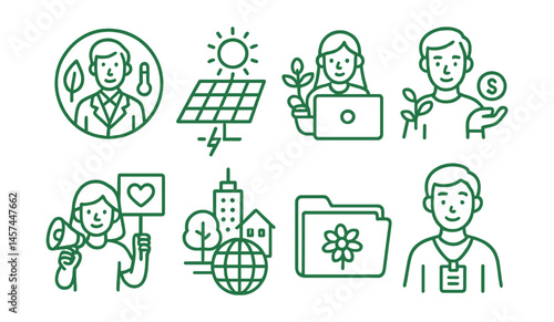 Line style icons of green innovation and future careers: climate scientist badge, solar tech icon, eco-design student, green entrepreneur, activist + communicator, sustainable urbanist icon,
