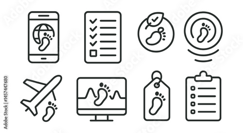 Line style icons of personal climate footprint: carbon tracker app, daily habits sheet, “what I changed” badge, small impact ripple, travel footprint icon, energy monitor graph, food print label,