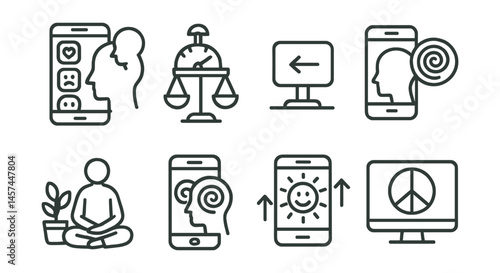 Line style icons of mental health and screens: social media + mood tracker, pressure icon vs balance icon, “step away” card, phone overwhelm swirl, calm corner without screen, screen + anxiety spiral