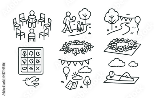 Line style icons of local and nature-based events: garden storytelling circle, outdoor poetry walk, park celebration route, wildflower crown table, nature bingo game, weather observation party, cloud