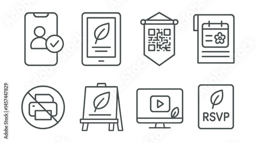 Line style icons of low-impact communication: school app invite icon, digital eco poster, QR code banner, class newsletter event, no-print invite badge, reusable chalkboard plan, green media sign,