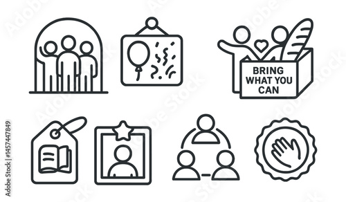 Line style icons of inclusive and simple traditions: everyone-welcome sign, no-cost party board, joy from presence icon, “bring what you can” box, shared stories tag, name celebration frame, kindness