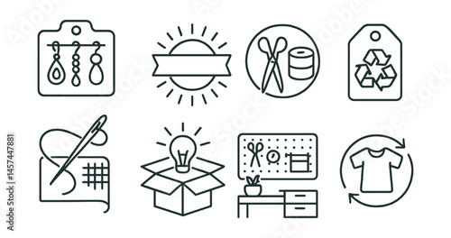Line style icons of DIY and creative reuse: handmade accessory board, make it yourself badge, “use what you have” icon, recycled material tag, visible mending needle, creative twist box, DIY studio