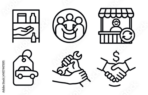 Line style icons of community economy and mutual aid: give-take shelf, peer-run co-op icon, youth-led mutual support badge, community marketplace booth, shared transport tag, repair support line,