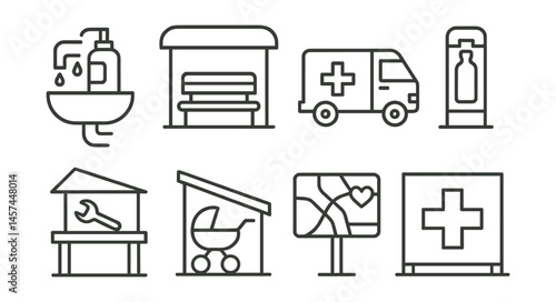 Line style icons of caring infrastructure: public sink with soap, rest bench with canopy, mobile medical unit, refill bottle station, repair table under shelter, covered stroller space, kindness map
