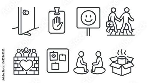 Line style icons of small urban care gestures: door stop for all icon, “hold the door” badge, smile zone sign, help cross bag, “you belong” mural, leave-a-note wall, sit and talk circles, offer