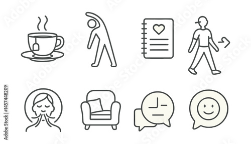 Line style icons of teacher self-care routines: morning tea ritual, stretch before class icon, gratitude journal page, short walk during break, breathing exercise symbol, soft corner in staff room,