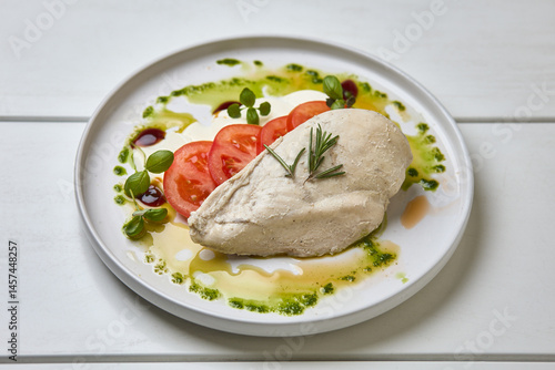 Obraz na płótnie Poached Chicken Breast with Tomato and Herbs w salonie