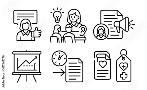 Line style icons of teacher voice and agency: staff feedback icon, co-design decision panel, leadership with listening badge, voice in policy sheet, autonomy over method board, “my time, my pace”