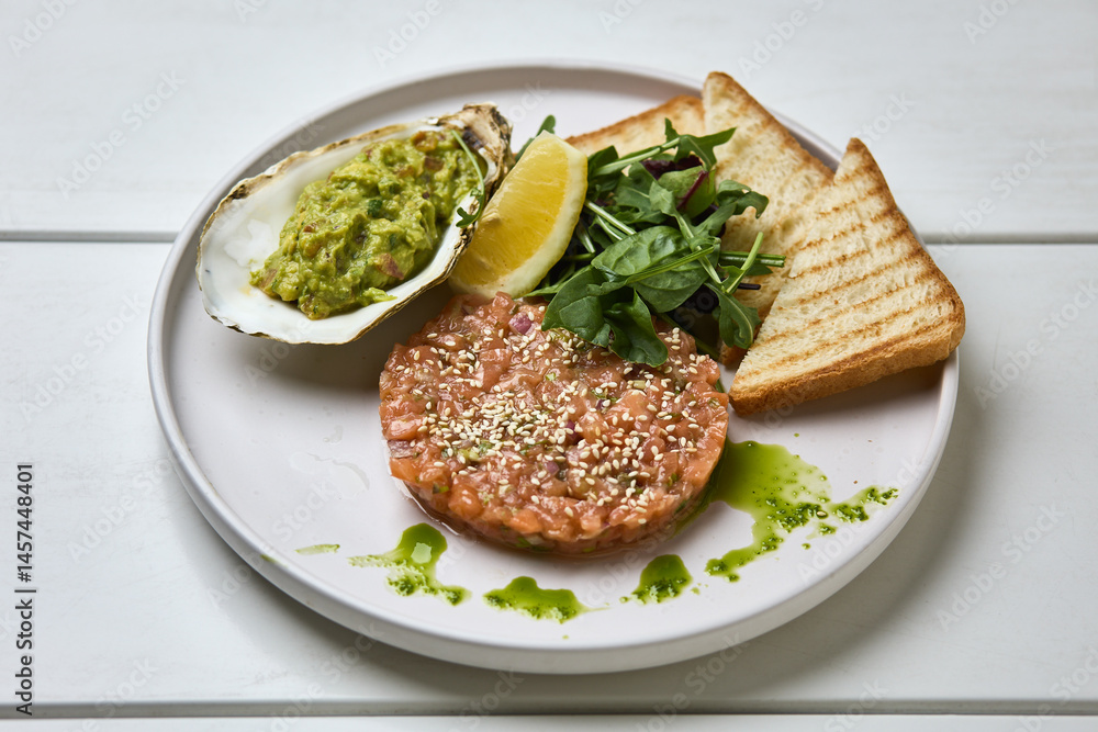 Salmon Tartare with Guacamole and Toast