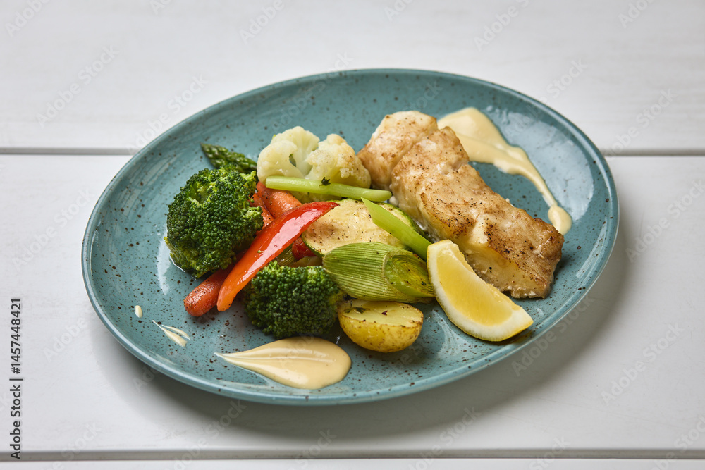 Grilled White Fish with Steamed Vegetables and Lemon
