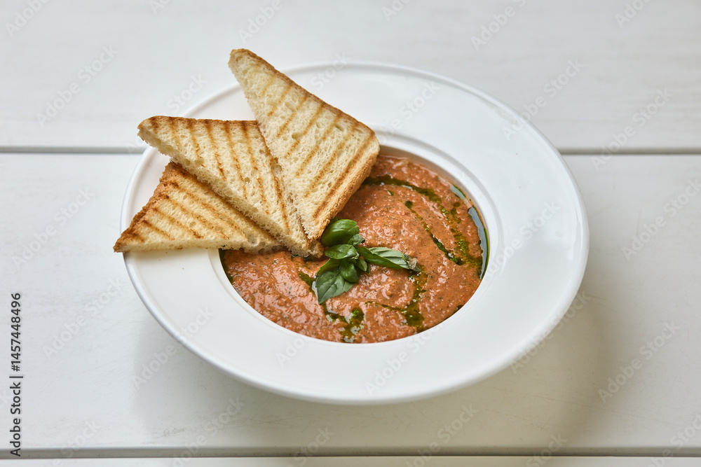Tomato basil soup with grilled bread slices