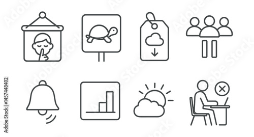 Line style icons of calm classroom practices: quiet transition card, no rush hallway sign, “clear before move” tag, group pause icon, reset bell symbol, single-task period chart, gentle start-of-day