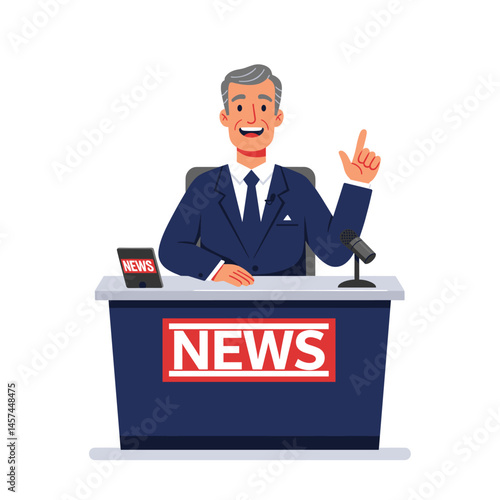 News Anchor Broadcasting: A friendly and approachable news anchor sits at his desk, confidently delivering the news, his hand gesturing for emphasis. The image is clean, simple and professional.