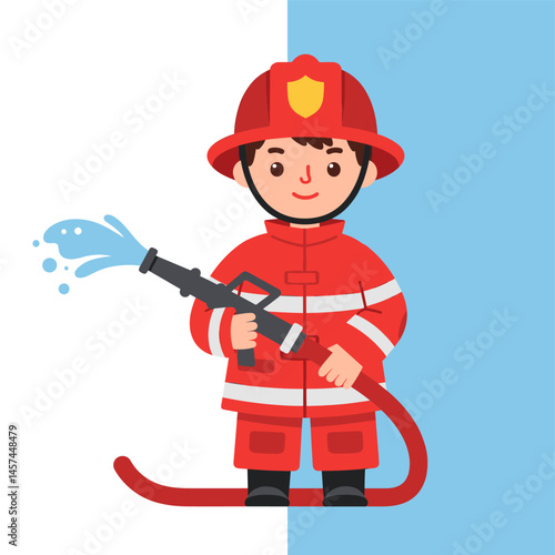 Brave Firefighter: A young firefighter, armed with a water hose, stands ready to extinguish fires, embodying courage, dedication, and the spirit of public service.