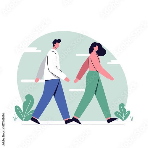 Gentle Stroll in Harmony: A couple walks side by side in a serene, minimalist landscape, symbolizing connection and companionship through an illustrated moment.