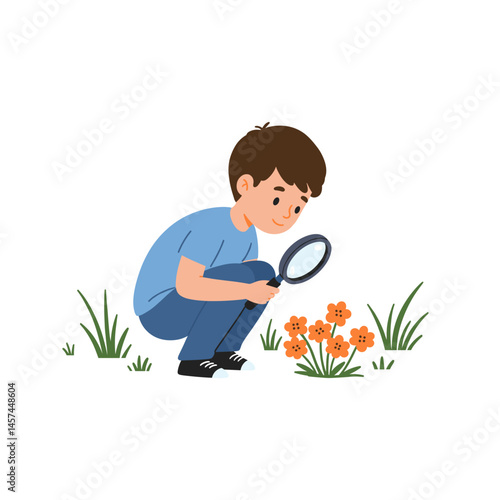 Curiosity Unveiled: A young boy, absorbed in the wonders of nature, intently examines a vibrant cluster of orange flowers through a magnifying glass.